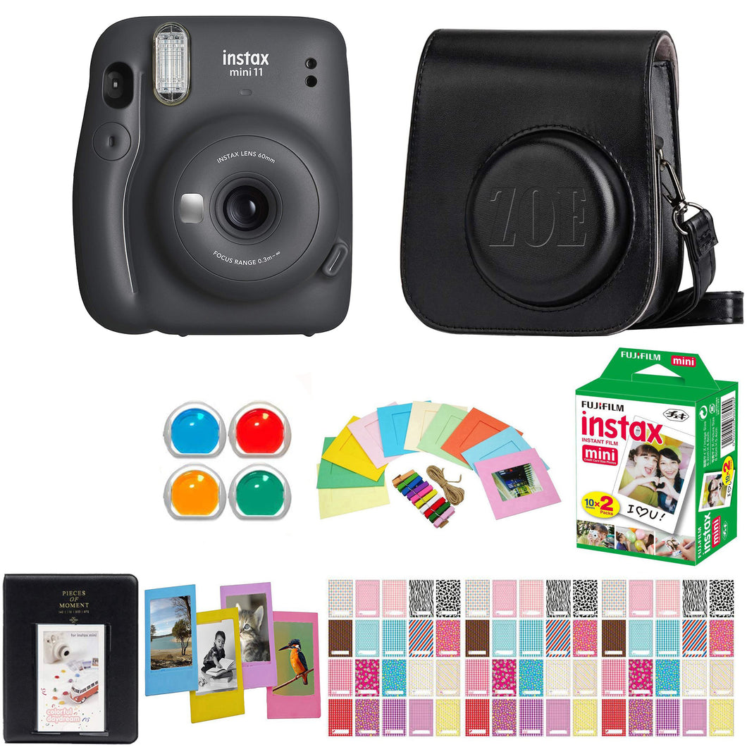 Fujifilm Instax Mini 11 Instant Film Camera - Charcoal Gray - with Matching Personalized Case and 20 Sheets of Film Design Bundle