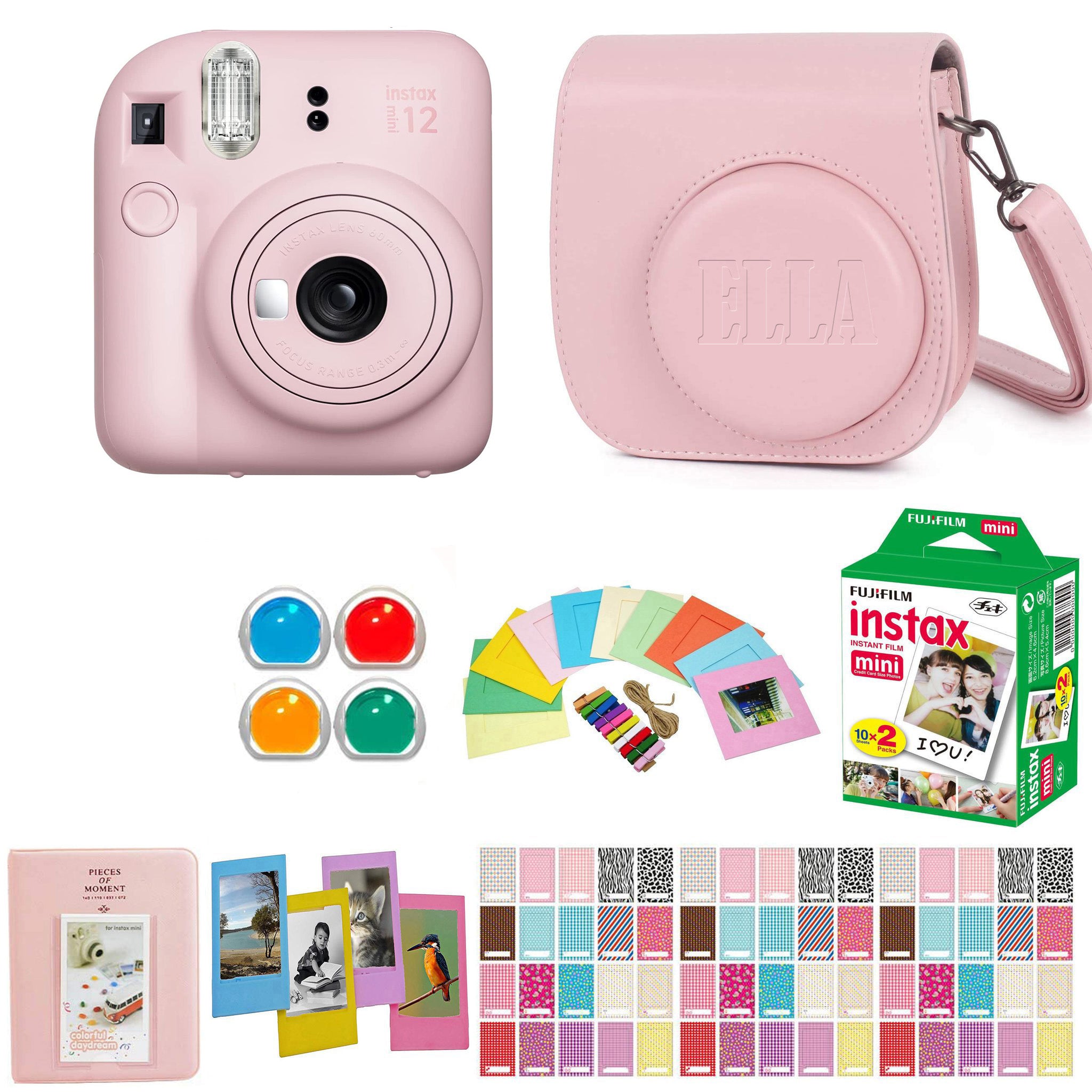 Fujifilm Instax Mini 12 Instant Film Camera - Blossom Pink with Matching Personalized Case and 20 Sheets of Film Design Bundle