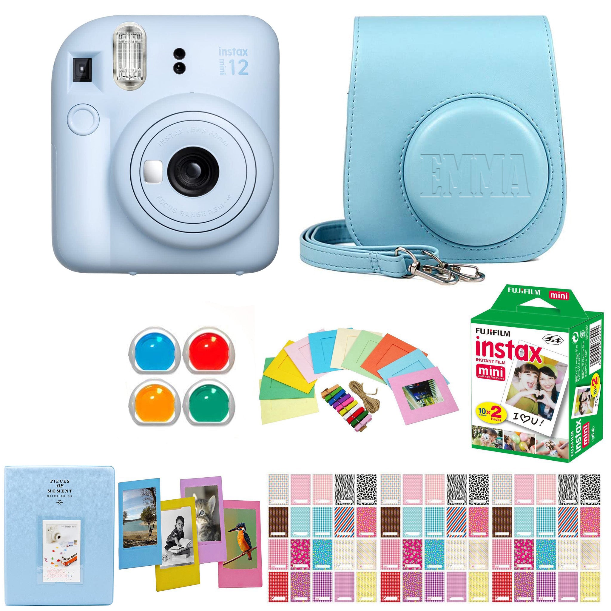 Fujifilm Instax Mini 12 Instant Film Camera - Pastel Blue - with Matching Personalized Case and 20 Sheets of Film Design Bundle