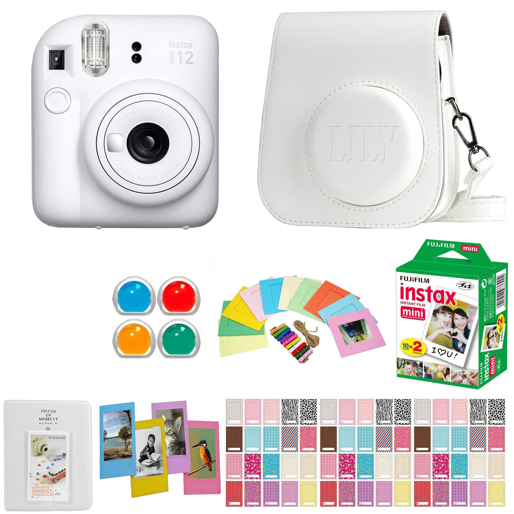 Fujifilm Instax Mini 12 Instant Film Camera - Clay White - with Matching Personalized Case and 20 Sheets of Film Design Bundle