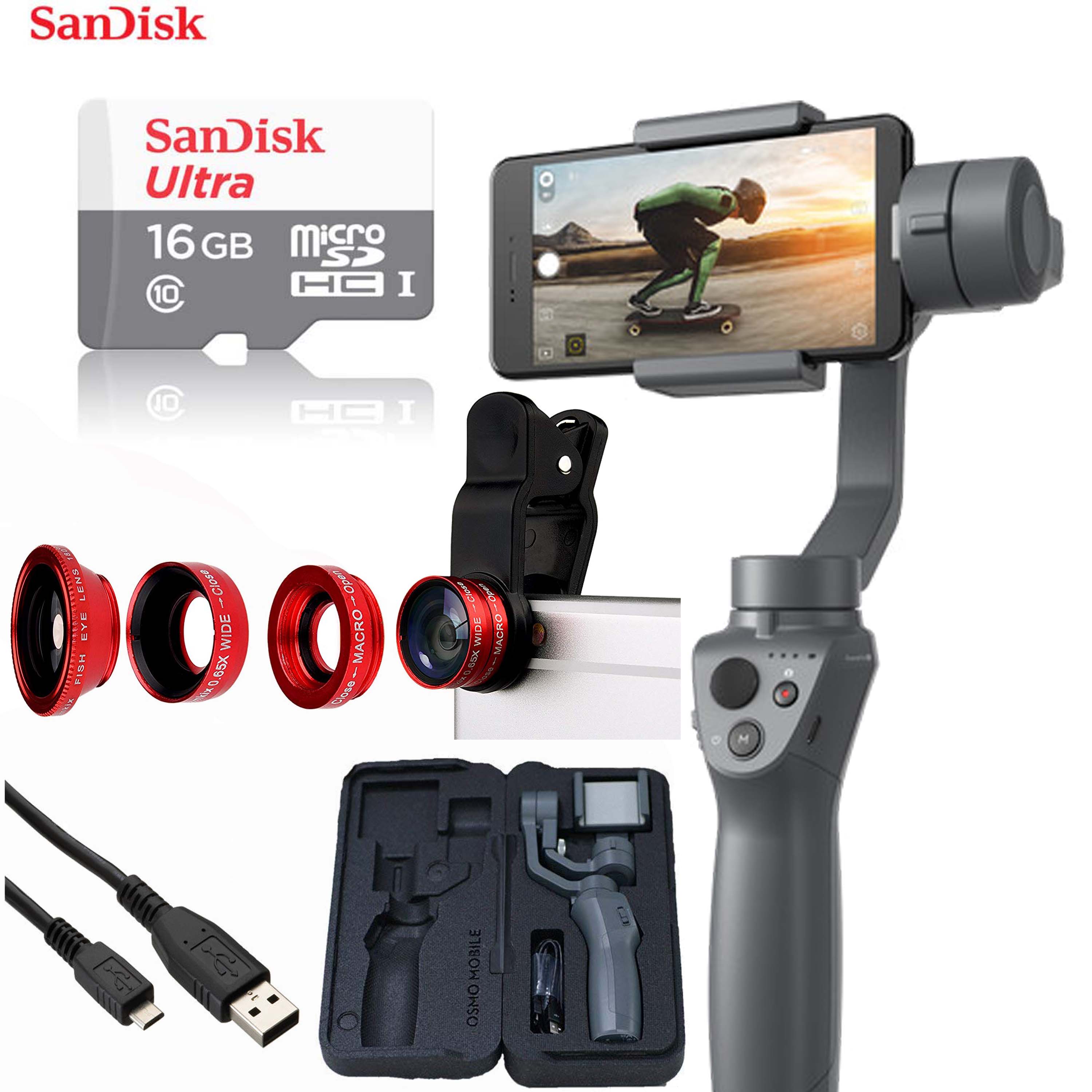 DJI Osmo Mobile 2 Handheld Smartphone Gimbal Stabilizer Sandisk 16GB Micro SD 4 Piece Cellphone Lens Set Deluxe Video Bundle
