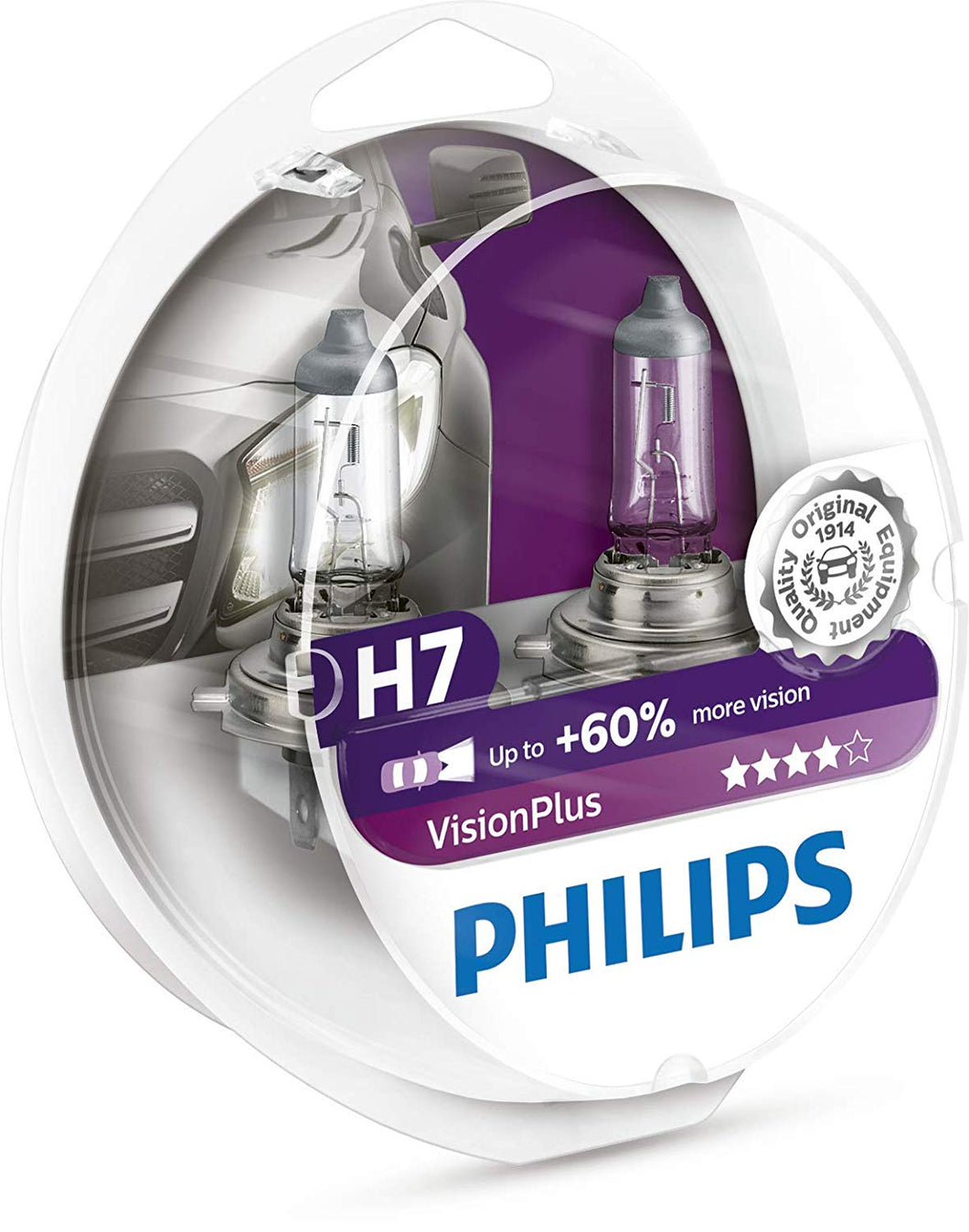 Philips H7 VisionPlus Upgrade Headlight Bulb with up to 60% More Vision, 2 Pack