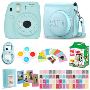 Fujifilm Instax Mini 9 Instant Film Camera - Ice Blue - with Matching Personalized Case and 20 Sheets of Film Design Bundle